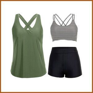 3 Piece Tankini Swim Set with Tummy Control and Athletic Fit